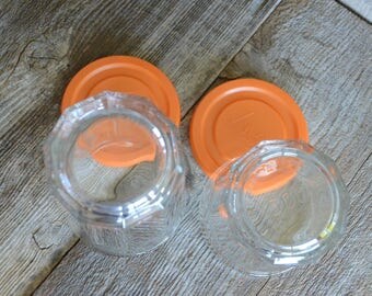France Orange lid glass containers, Arc glass container, Made in France, Clear Arc glass jar with orange lid, Clear Arc glass canister