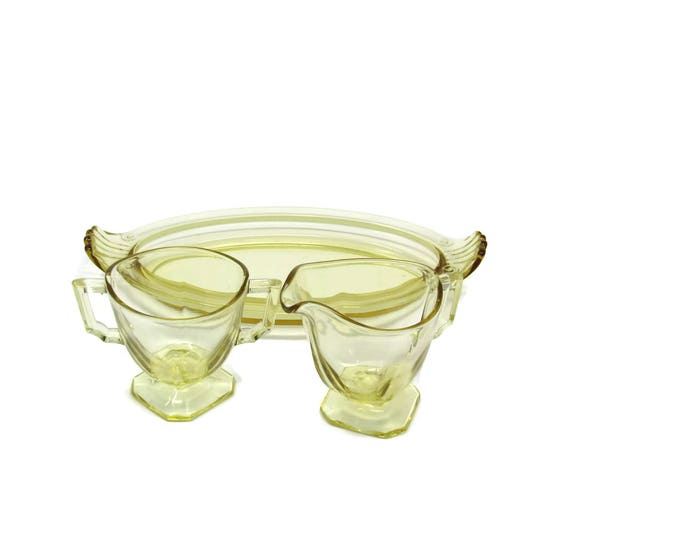 Yellow Depression Glass Cream and Sugar With Tray - Yellow Depression Glass Serving - Rare Depression Glass Boat Shaped Tray