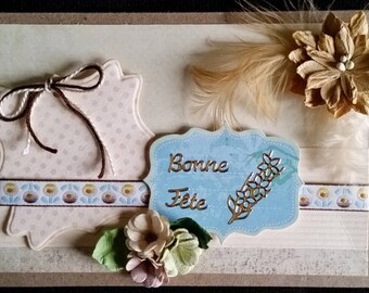 scrap card; happy birthday, beige and blue