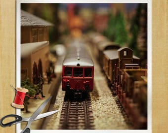 Toy Train Photography - Cushion Panel Upholstery Cotton Fabric Craft Panel, Sewing Quilting