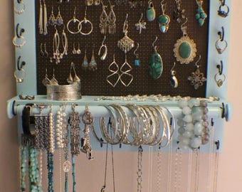 ON SALE Beautiful Turquoise Wall Mounted Jewelry Organizer with a Bracelet Bar, Wall Organizer, Jewelry Display, Necklace Holder, Earring Or