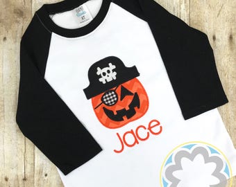 Boys Raglan with Pirate Pumpkin Monogrammed/Personalized Halloween, Thanksgiving, or Fall Shirt
