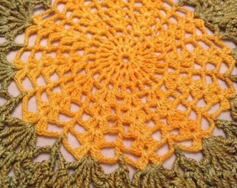 Hand Crocheted Green Yellow Doily 7.5'' #y16