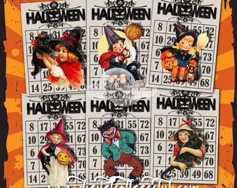 Vintage Retro Halloween Bingo Cards Digital Collage Sheet Images for Cardmaking, Scrapbooking, Journals, ATC, Jewelry Holders