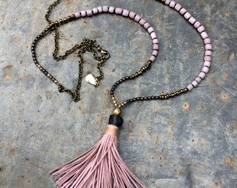 Tassel necklace. Light pink seed bead necklace. Pink necklace.