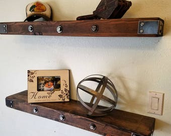 Rustic Reclaimed Wood Floating Shelf With Gunmetal Steel Corner Brackets And Bolt Washer Hardware Rustic Reclaimed Wood Floating Shelf With Gunmetal Steel Corner Brackets And Bolt Washer Hardware