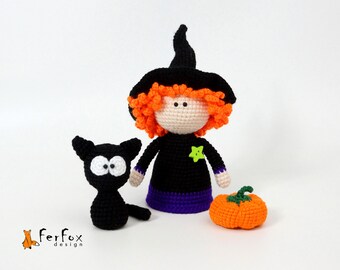 Poupée chat noir citrouille Halloween décoration sorcière figurine poupée à la main rouge poil sorcière Halloween cadeau automne décor décoration de Halloween de sorcière