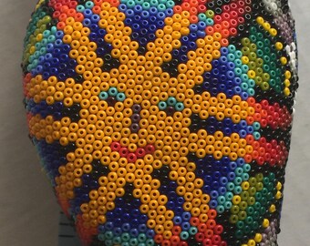 Huicholi Owl Vintage Figurine Beadwork Colorful Psychedelic Sunshine Rainbows Huuate Peyote Buttons