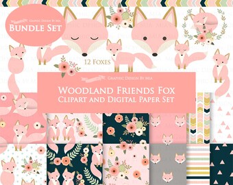 Fox Clipart, Pink Fox, Woodland Friends, Fox Digital, Fox Clip Art + Digital Paper Set - Instant Download