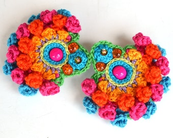colorful mexican earrings, pom pom earrings, ethnic jewellery, big earrings, large hippie earrings, bold statement earrings,crochet earrings