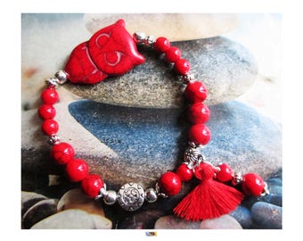 Bracelet "Protection-energy" OWL Howlite and coral beads on Tibetan silver