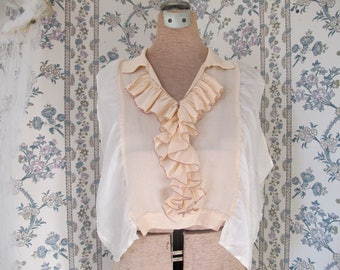 1920s Tissue Silk Blouse with Crepe Ruffle Jabot - Vintage 20s Antique Dickie - Size S
