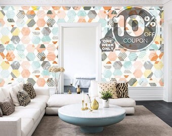 Geometric Hexagon Removable Wallpaper Multi-colored Self Adhesive Honeycomb Wall Mural Colorful Vintage Wall Sticker Mint Blue Orange