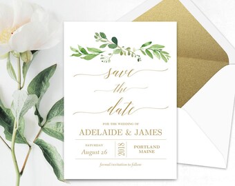 Garden Greenery Save the Date Template, Printable Save the Date Card, Wedding Save the Date, Editable Text, 5x7, Gold Garden