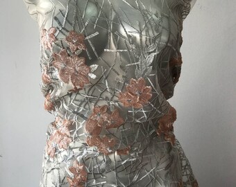 silver pink embroidered lace fabric bridal mother of bride