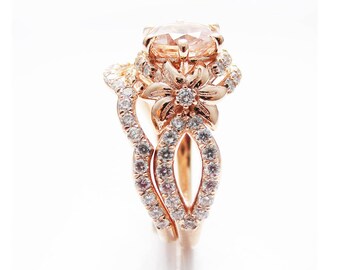 Rose Gold Diamond Bridal Ring Set Unique Morganite 14K Flower Engagement Rose Gold Diamond Bridal Ring Set Unique Morganite 14K Flower Engagement
