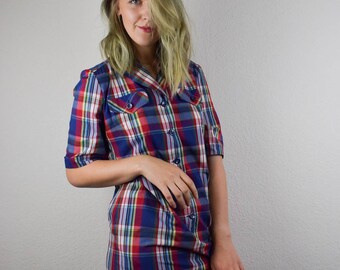 Vintage Dress, 90s Checked Dress Medium, Blue and Red Shirt Dress, 90s Clothing, Cotton Dress, Dress With Collar, Punk Grunge Dress