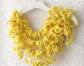 Pom pom Scarf, Mulberry scarf, cocoon scarf, Yellow Scarf, Yellow Crochet Necklace, Puffy Bubble Scarf, gift for her, Fashion Accessories
