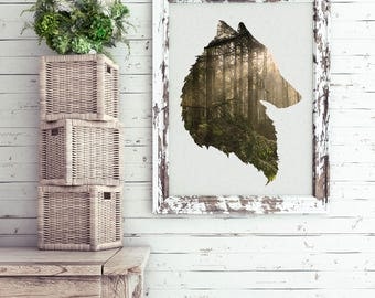 Wolf wall art, giclee print, fine art photography, forest scene, home decor ideas, wolf silhouette, dog pictures, gifts for him, wolves