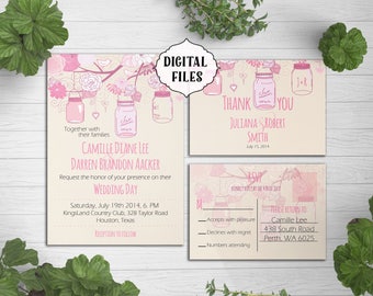 DIGITAL Wedding Invitation Mason Jar Printable Pink Invite Digital DIGITAL Wedding Invitation Mason Jar Printable Pink Invite Digital