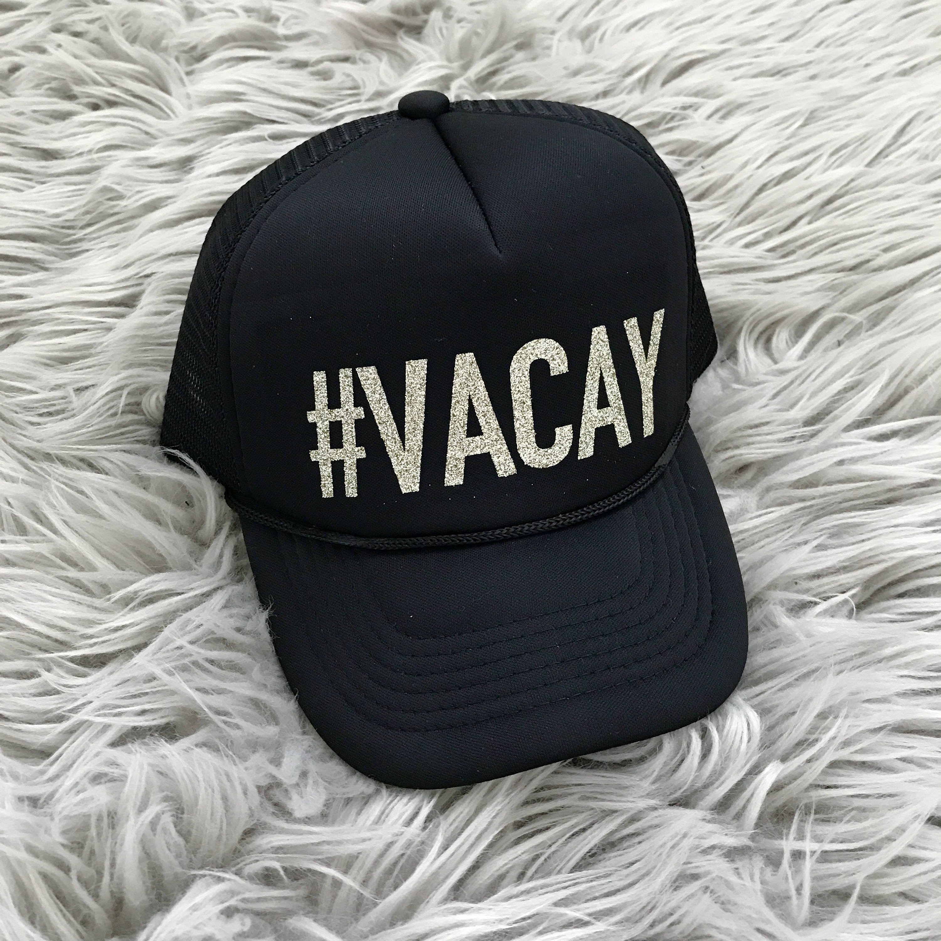 Hat #VACAY- Gold Glitter Trucker Hat  // Bachelorette Party, Bridal Shower, Bride to be, bride tribe, Pink glitter