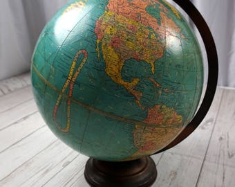 Vintage Replogle Globe 12" inch Metal Stand Vintage Shabby Globe Terrestrial. Mid Century World Globe Rare