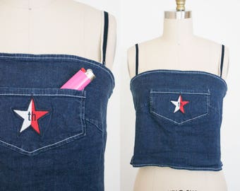 Vintage Tommy Hilfiger Crop Top - Spaghetti Strap Tube Top - Embroidered Star - Tommy Girl - Pocket - Denim Blouse - Womens Medium Large L