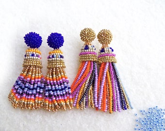 Multicolour Long Beaded Tassel Earrings. Earrings in Oscar de la Renta style. Clip on earrings. Charlotte Seed Beads earrings. Stud earrings