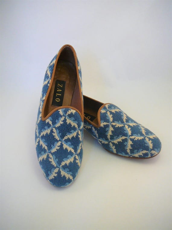 Vintage Zalo Needlepoint Blue and White Leather Flats Slip on