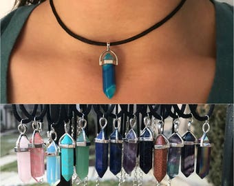 Crystal Choker, Crystal Necklace, Healing Hexagonal Crystal Choker, Bohomemian 90s Jewelry, Amethyst, Rose Quartz, Opalite
