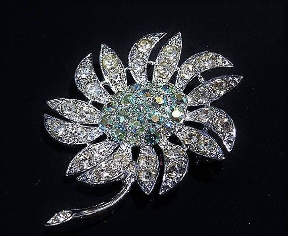 Sarah Coventry Rhinestone Brooch MOUNTAIN FLOWER Mid Century 1960s Fashion Designer Jewelry AB Aurora Borealis Wedding Bride Bridal Summer