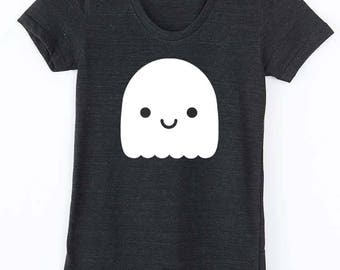 Kawaii Ghost Women's Screen Printed Tee, Women's halloween t shirt, Women's ghost t shirt, spooky ghost tee shirt, womens kawaii tee shirt