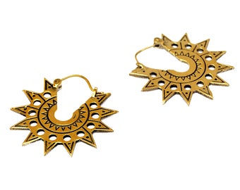 Aztec Sun Earrings, Brass Hoop Earrigs, Tribal Sun Earrings, Aztec Earrings, Tribal Earrings, Sun Hoop Earrings, Mexican Jewelry