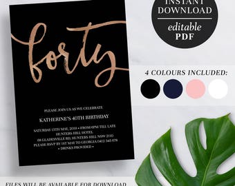Printable 40th Birthday Invitation Rose Gold Foil | Editable Template | Faux Foil | 40 | Forty | 40th Birthday Invite | Navy | Pink | Black