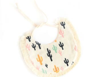Cactus baby bib, reversible bib, cotton bib, fringe bib, modern bib, handmade bib, baby shower gift, new baby gift, birthday bib, baby gift