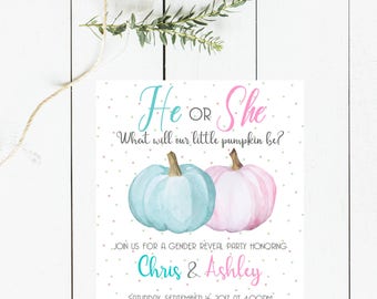 Pumpkin Gender Reveal Invitation, Blue or Pink Gender Reveal Invitation, Watercolor Pumpkin Gender Reveal Party Invite, Fall Gender Reveal