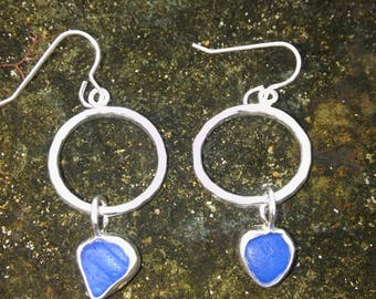 Colbalt blue Sea glass earringsSea Glass earrings, Sea glass jewelry, Sea glass jewellery, Silver Drop earrings, Silver hoop earrings.