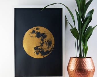 Large Moon Print, Gold Print, Realistic Moon, Boho, Bohemian, Poster, A2 Art Print, Prints, Screenprint, Gift Idea, Print, Wall Art