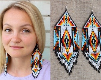 Boho Tribal Earrings, Native American Beaded Earrings, Aztec Earrings, Pyramid Earrings, Large Dangling Earrings, Statement Earrings