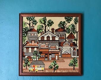 Cottage Chic. Embroidered Picture. Framed Tapestry. Stitched Picture. Rustic Wall Hanging. Needlework Picture. Tapestry Picture. Embroidered