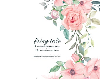 Blush Watercolor Flowers & Leaves with Different Shades Clipart Separate Elements Hand Painted Commercial Use | S15 Fairy Tale