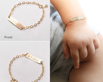 Custom Baby Name bracelet-Adjustable Baby Toddler Child ID Bracelet-Personalized Bar-Both Sides-14K Gold Filled-Rose-Silver-CG277B_1X.25