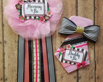 Baby Shower Corsage/ Mommy To Be Pin/ Daddy To Be Pin/ Grandma To Be Pin/ Grandpa To Be Pin/ Black & White Stripes Baby Shower Pin/ Flowers