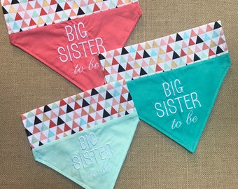 Reversible Big Sister Dog bandana/Over the collar bandana/Puppy bandana/ Pregnancy announcement/slip over collar/Peach Big sister bandana
