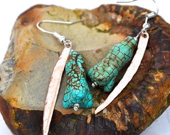 Handmade Silver, Copper and Carved Turquoise Bluebell Earrings.