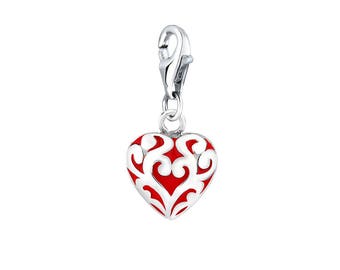 Charm Filigree Heart|Silver Charm|Handmade Jewelry|Red Heart Charm|Pandora Charm|
