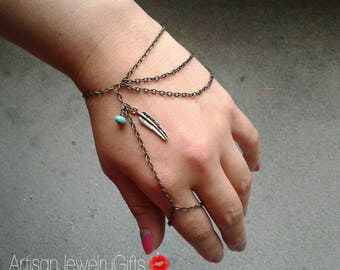 Bohemian Feather Hand Chain Slave Bracelet Pointer Finger Slave Bracelet Antique Brass Slave Bracelet Pointer Finger Hand Chain