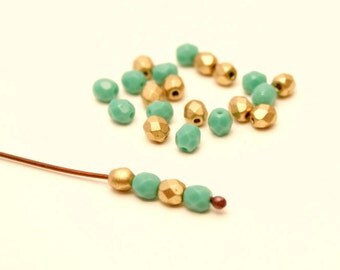 40 beads faceted, Turquoise, gold, 4mm Czech glass
