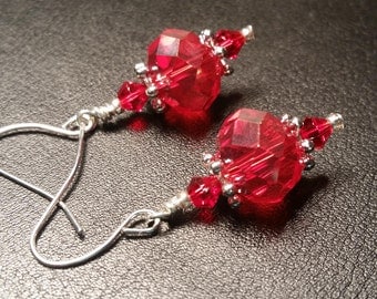 Red Crystal Glass Drop Dangle Silver Wire Handmade Earrings