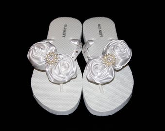 Satin Rose Flower Flip Flop, Bridal Flip Flops, Beach Wedding, Bridal Flip Flops, Wedding Flip Flops, Custom Color Flip Flops, Bridal Shoes